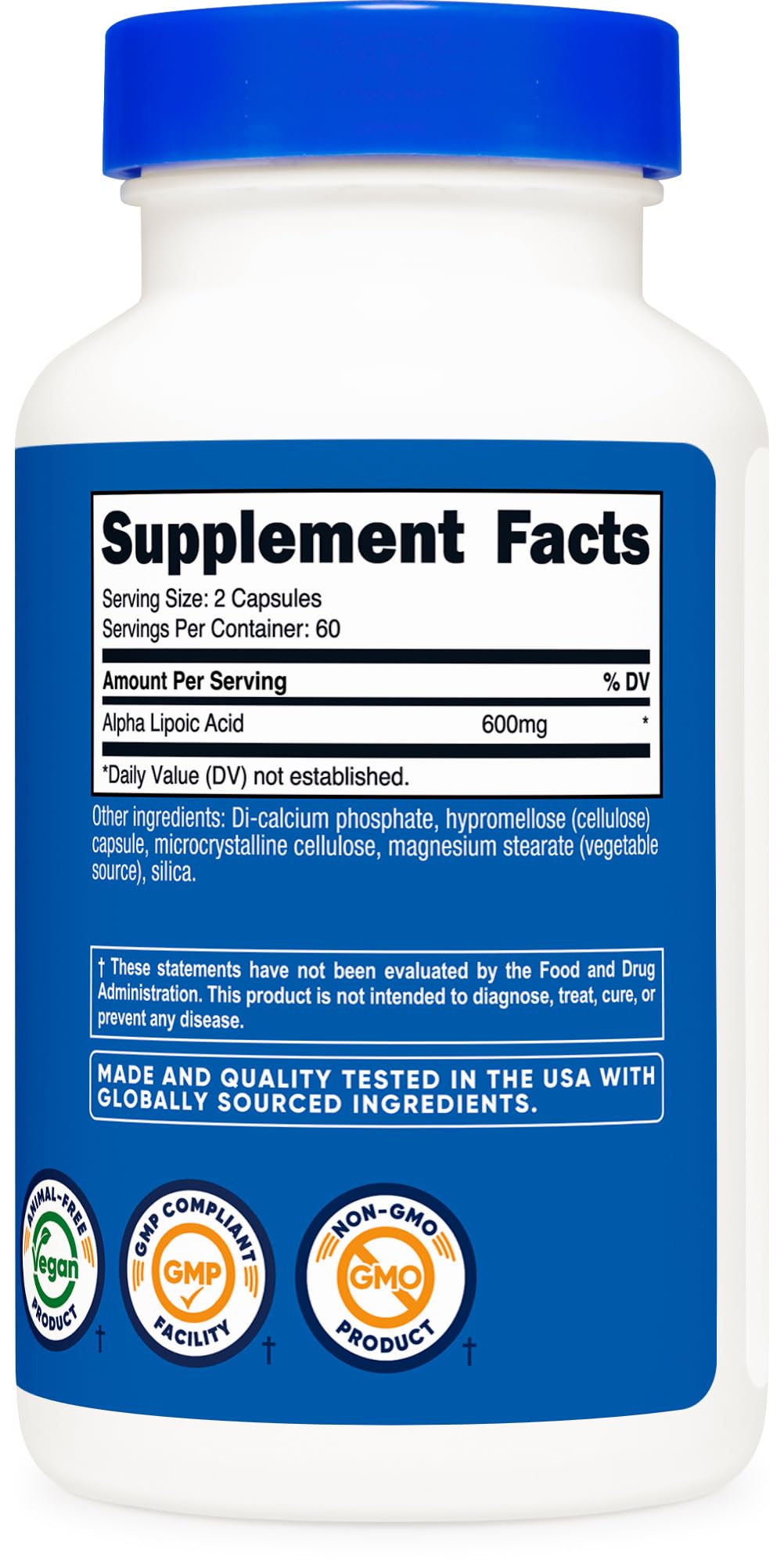 Nutricost Alpha Lipoic Acid bottle back detailing ingredients and usage