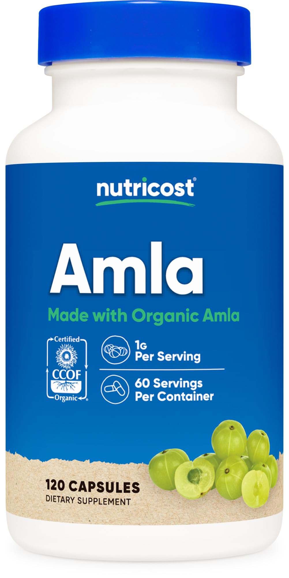 Nutricost Amla bottle front showing organic, plant-based daily supplement.