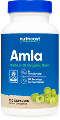 Nutricost Amla bottle front showing organic, plant-based daily supplement.