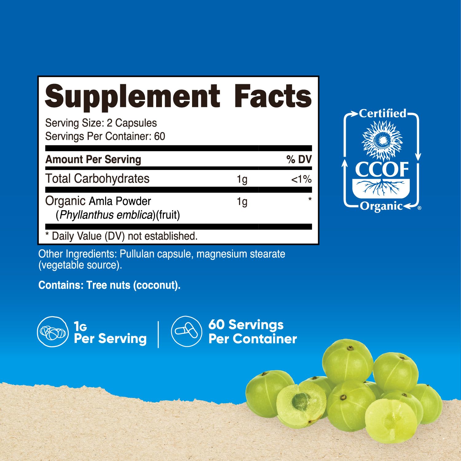 Nutricost Amla capsules close-up highlighting 500mg per capsule.