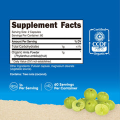Nutricost Amla capsules close-up highlighting 500mg per capsule.
