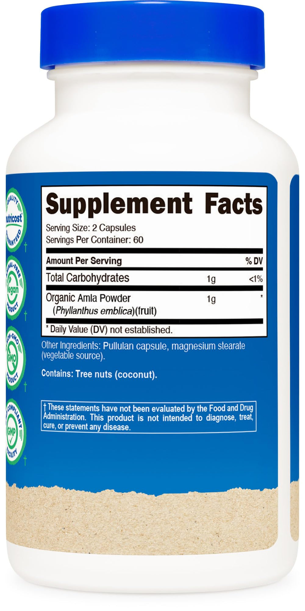 Nutricost Amla label highlights tree-ripened berries and organic processing.