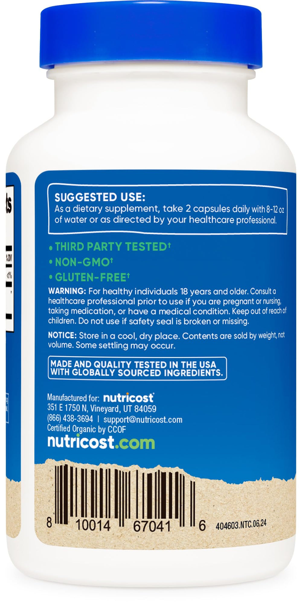 Nutricost Amla organic certification label emphasizes non-GMO, gluten-free quality.