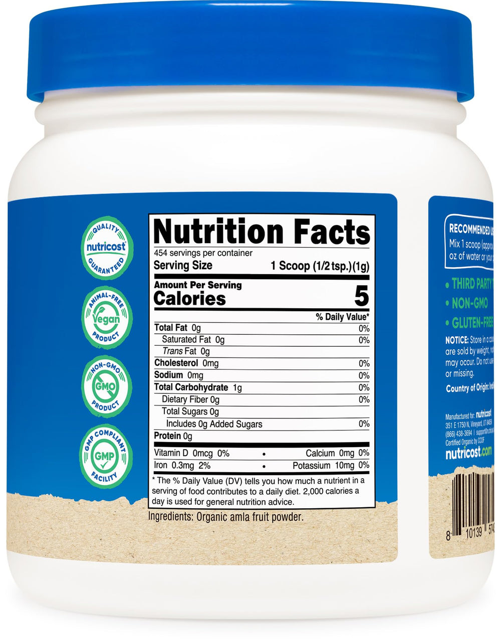 Nutricost Amla Powder certifications logos on label