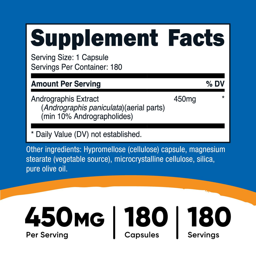 Nutricost Andrographis capsules close-up showing vegetarian, gluten-free formula.