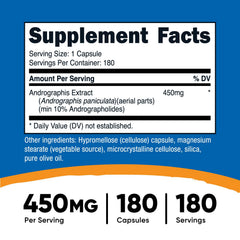 Nutricost Andrographis capsules close-up showing vegetarian, gluten-free formula.