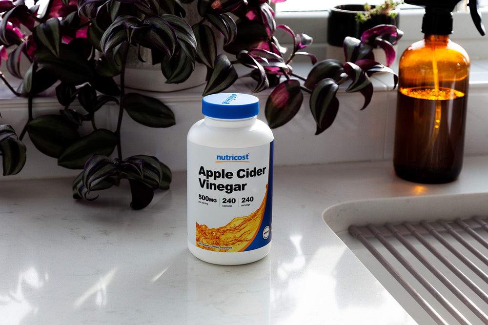 Nutricost Apple Cider Vinegar Capsules label zoom shows vegetarian formula.