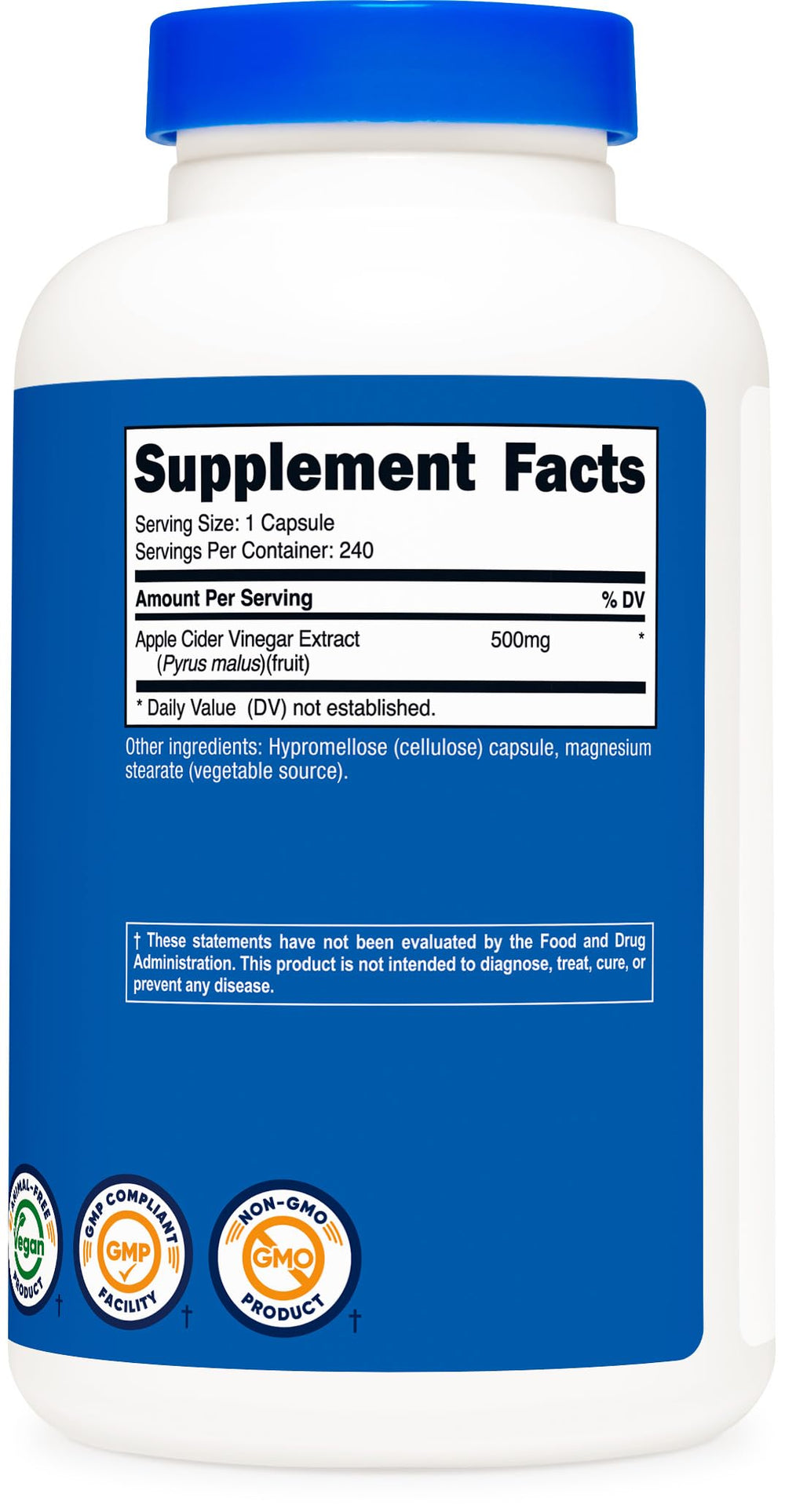 Nutricost Apple Cider Vinegar Capsules serving layout indicates one capsule per serving.