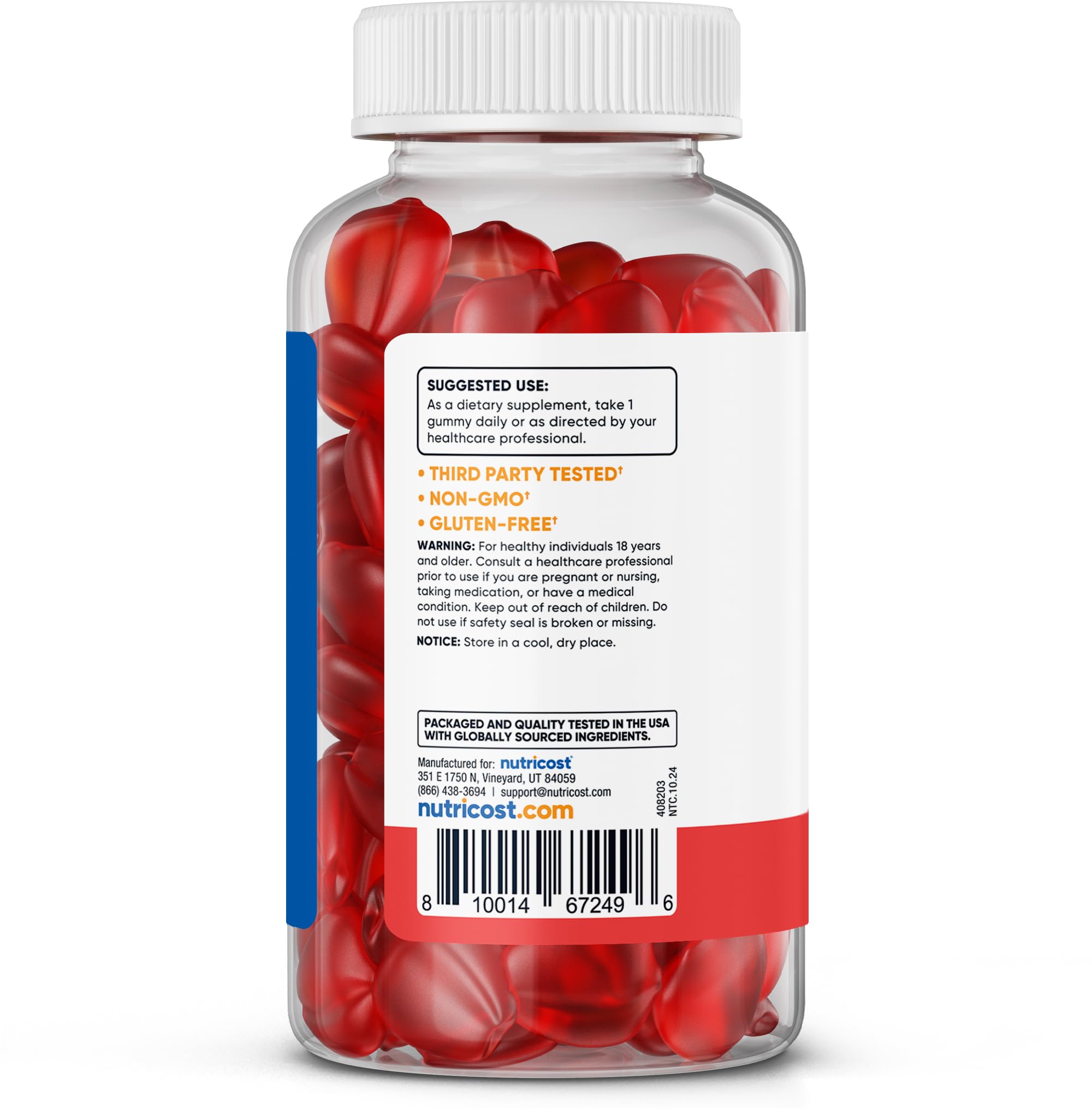 Label on Nutricost Apple Cider Vinegar Gummies focusing on gluten-free and no artificial sweeteners.