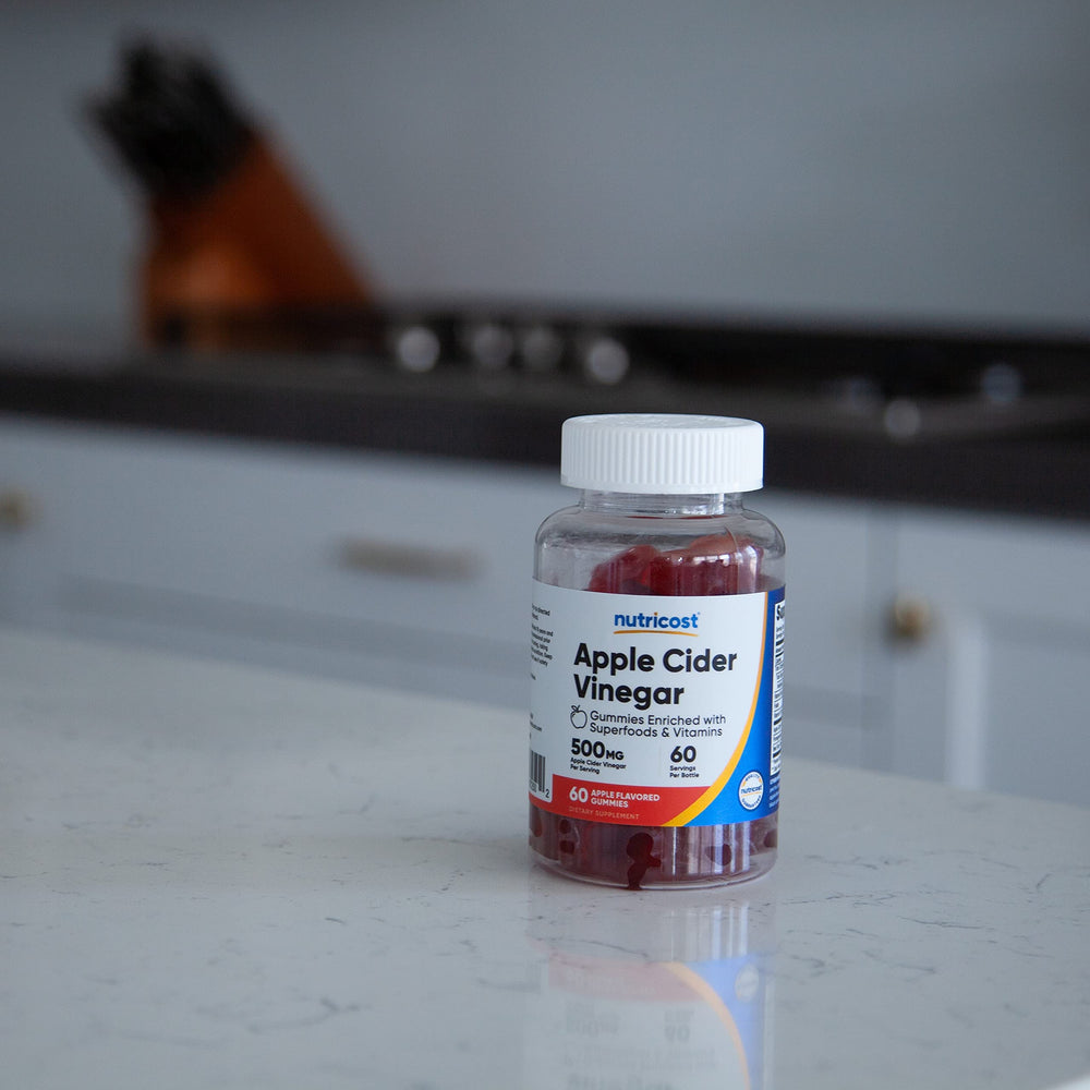 Nutricost Apple Cider Vinegar Gummies on shelf with gluten-free and Non-GMO cues.
