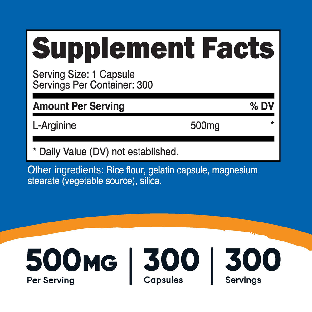 Nutricost L-Arginine capsules close-up showing 300-capacity supply