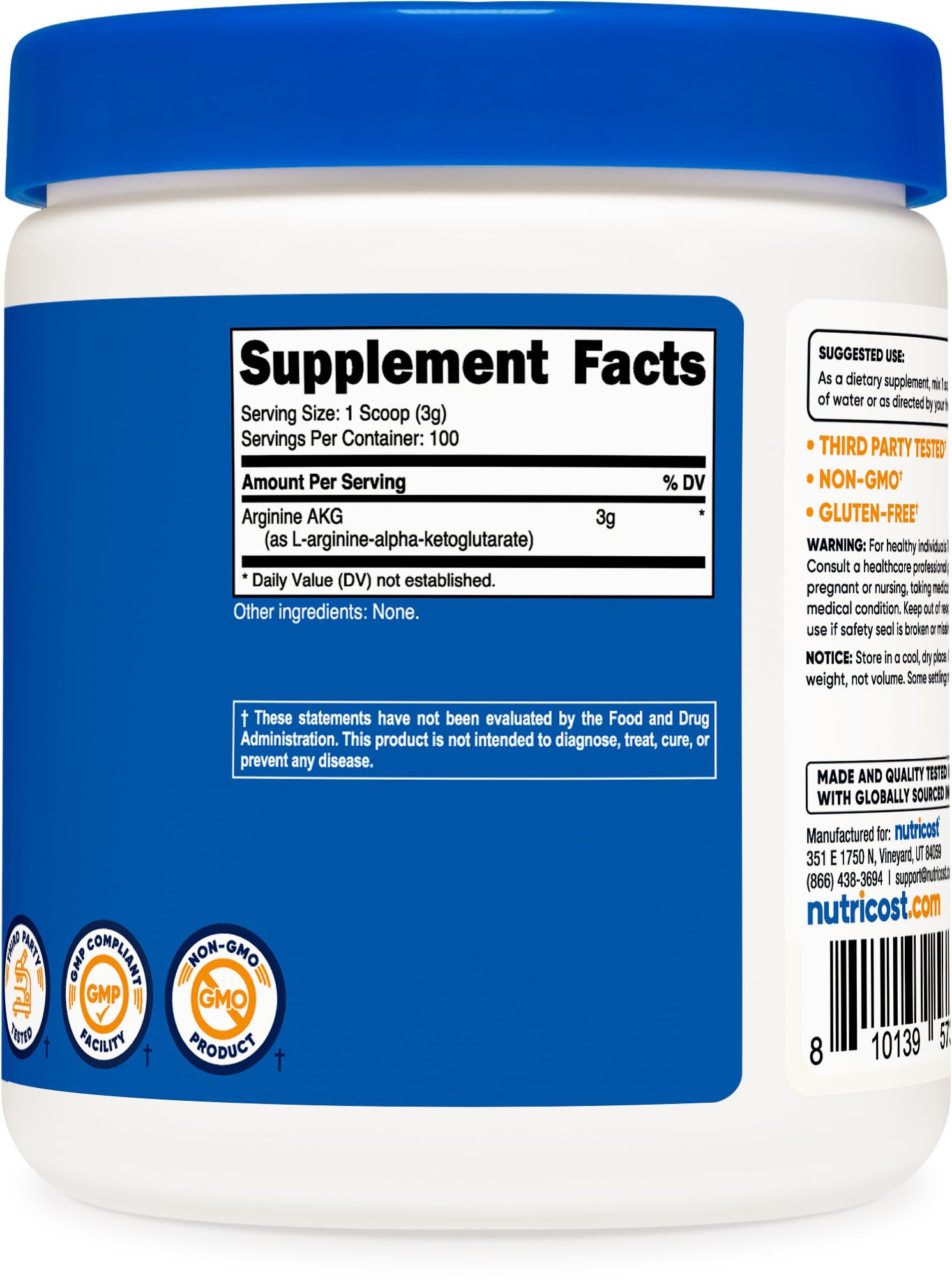 Nutricost Arginine AKG powder shown with an athlete in background for workouts.