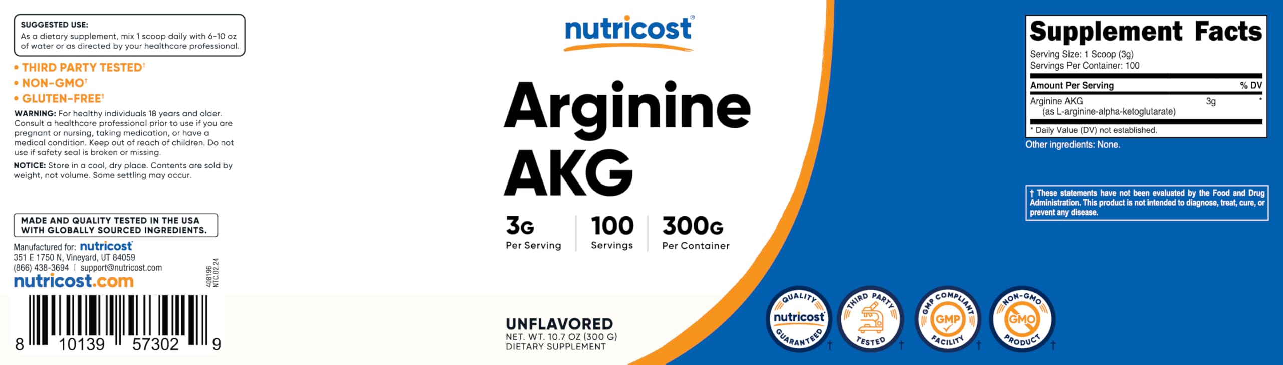 Nutricost Arginine AKG powder net weight 300 g label visible.