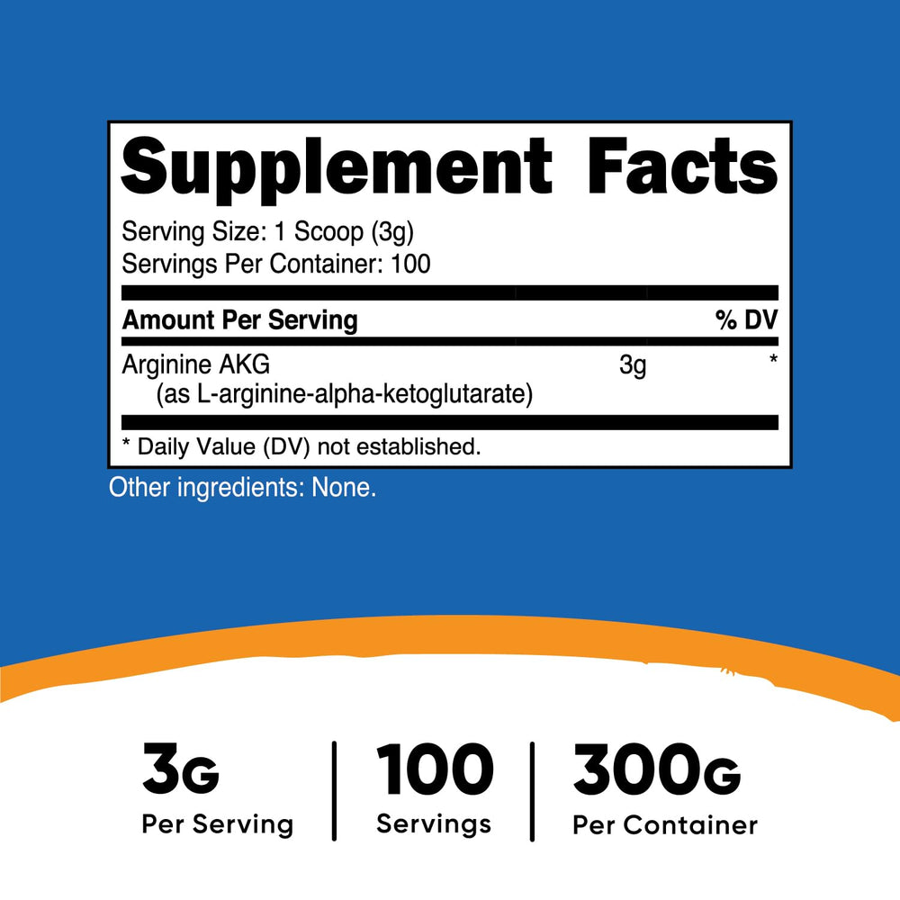 Nutricost Arginine AKG powder scoop beside container for easy measuring.