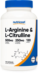Nutricost L-Arginine L-Citrulline bottle shows GMP quality and purity.
