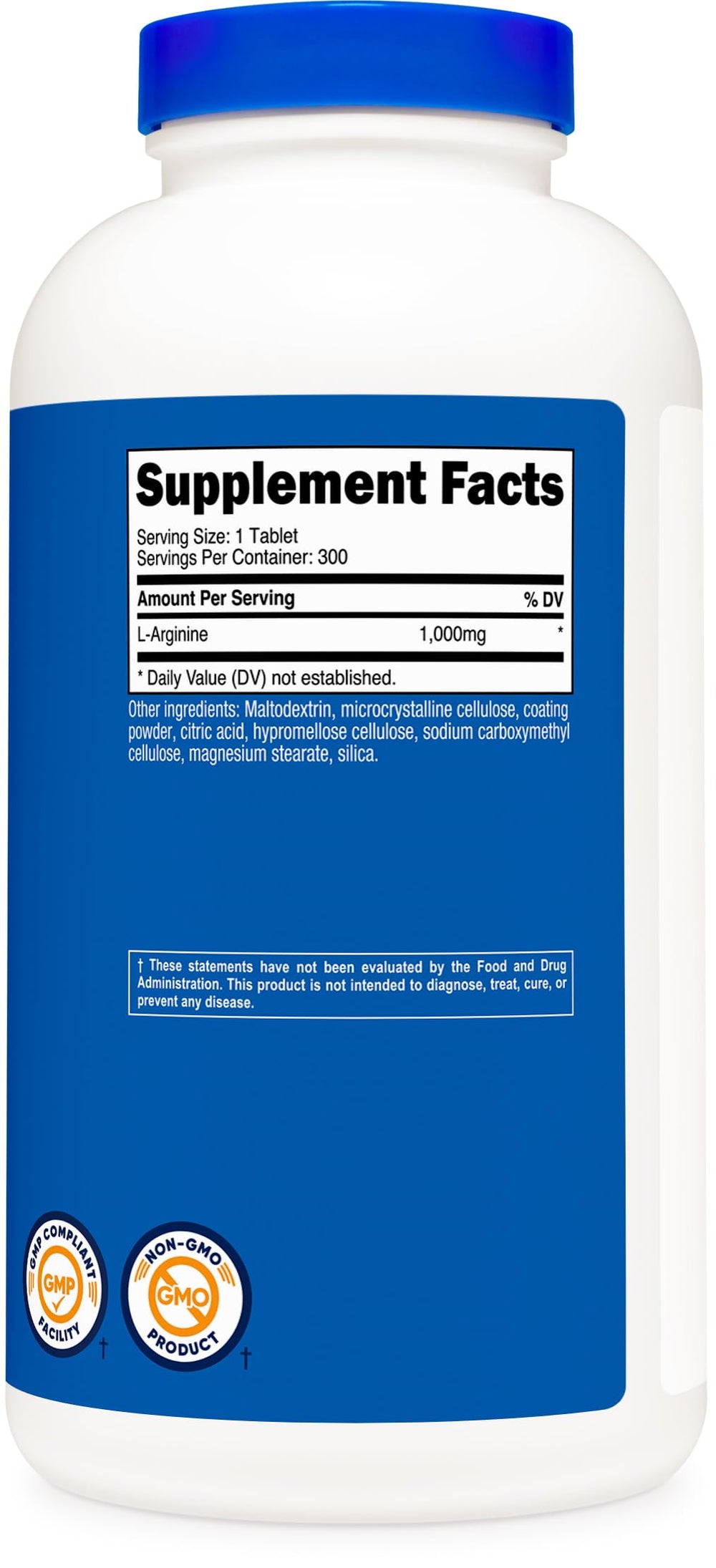 Nutricost L-Arginine bottle label highlights non-GMO and gluten-free attributes.