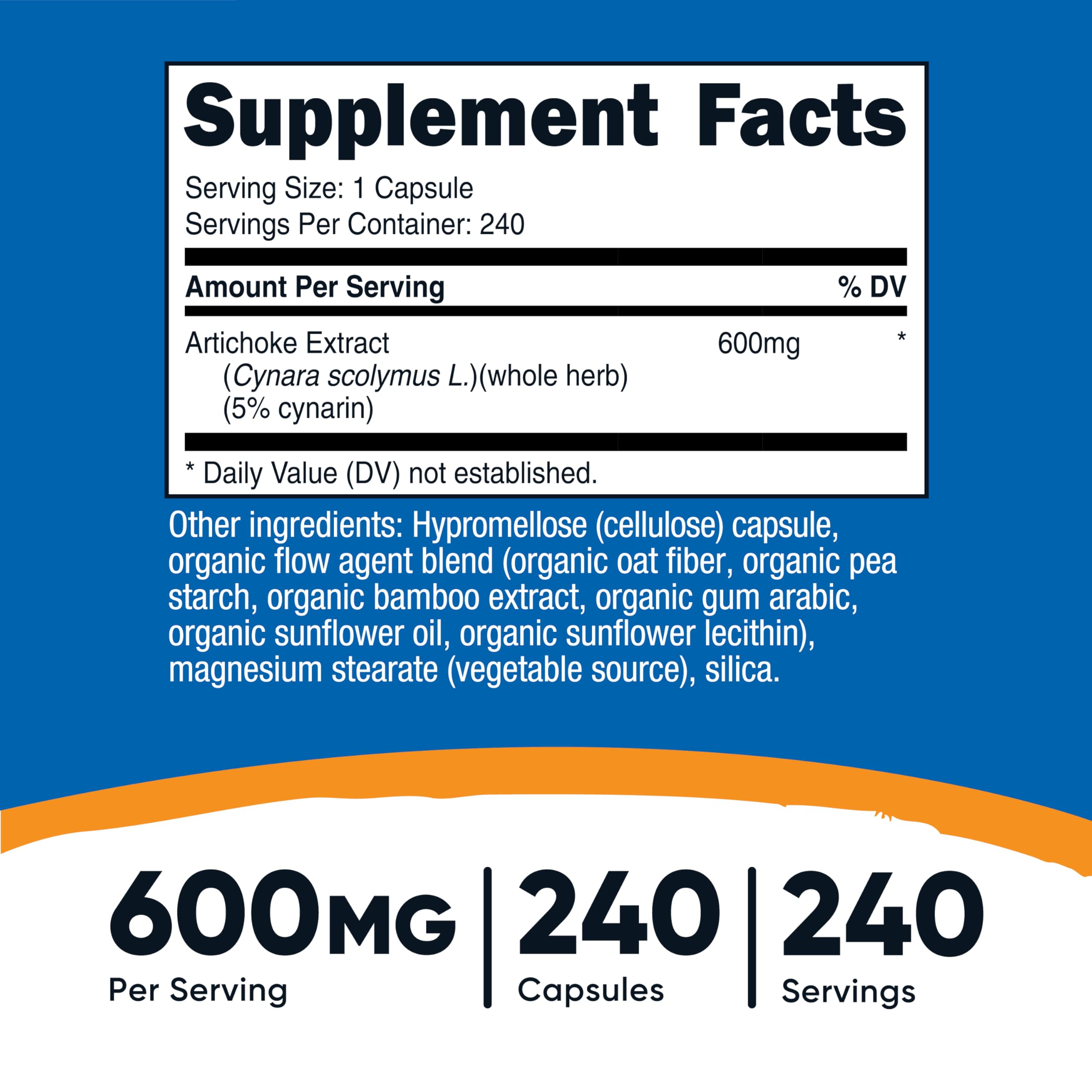 Nutricost Artichoke Extract bottle label close-up showing gluten-free and non-GMO features.