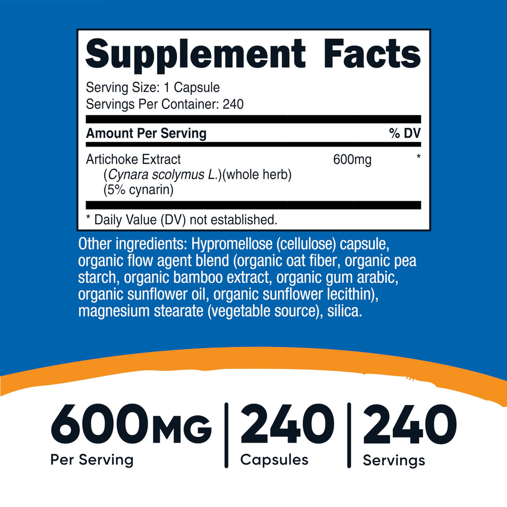 Nutricost Artichoke Extract bottle label close-up showing gluten-free and non-GMO features.