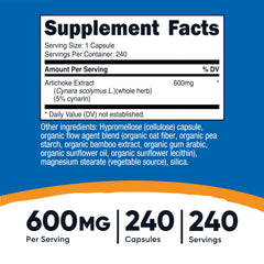 Nutricost Artichoke Extract bottle label close-up showing gluten-free and non-GMO features.