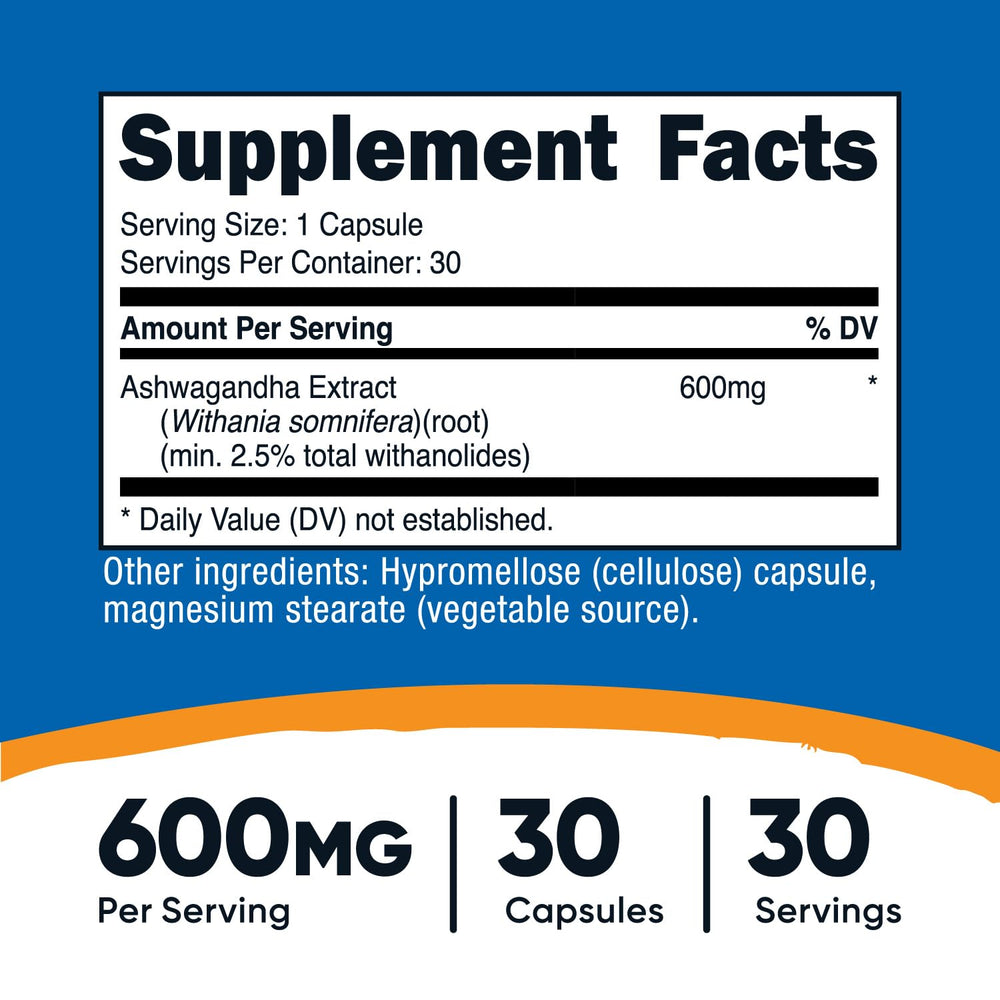 Nutricost Ashwagandha capsules close-up, convenient vegetarian daily use.