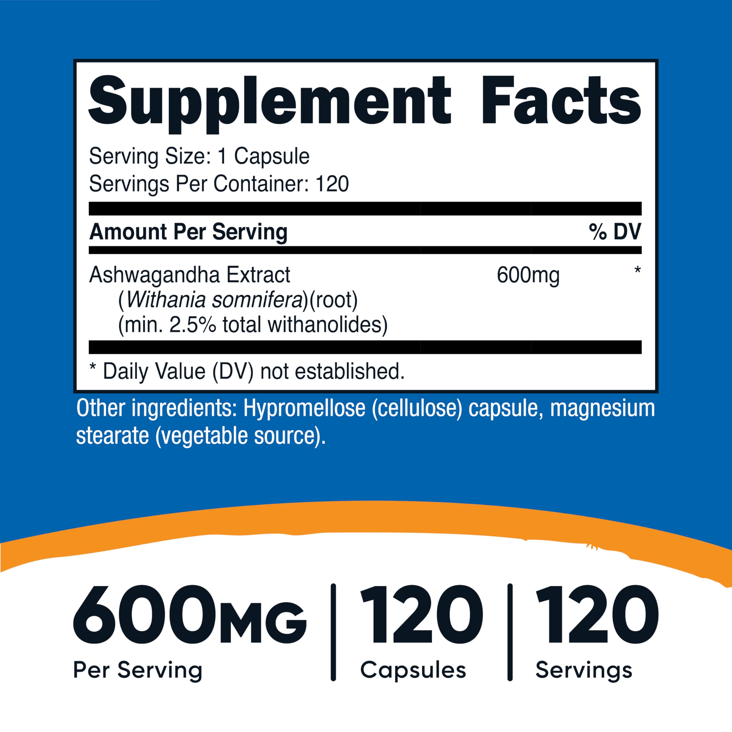 Nutricost Ashwagandha capsules close-up highlighting 600 mg potency.
