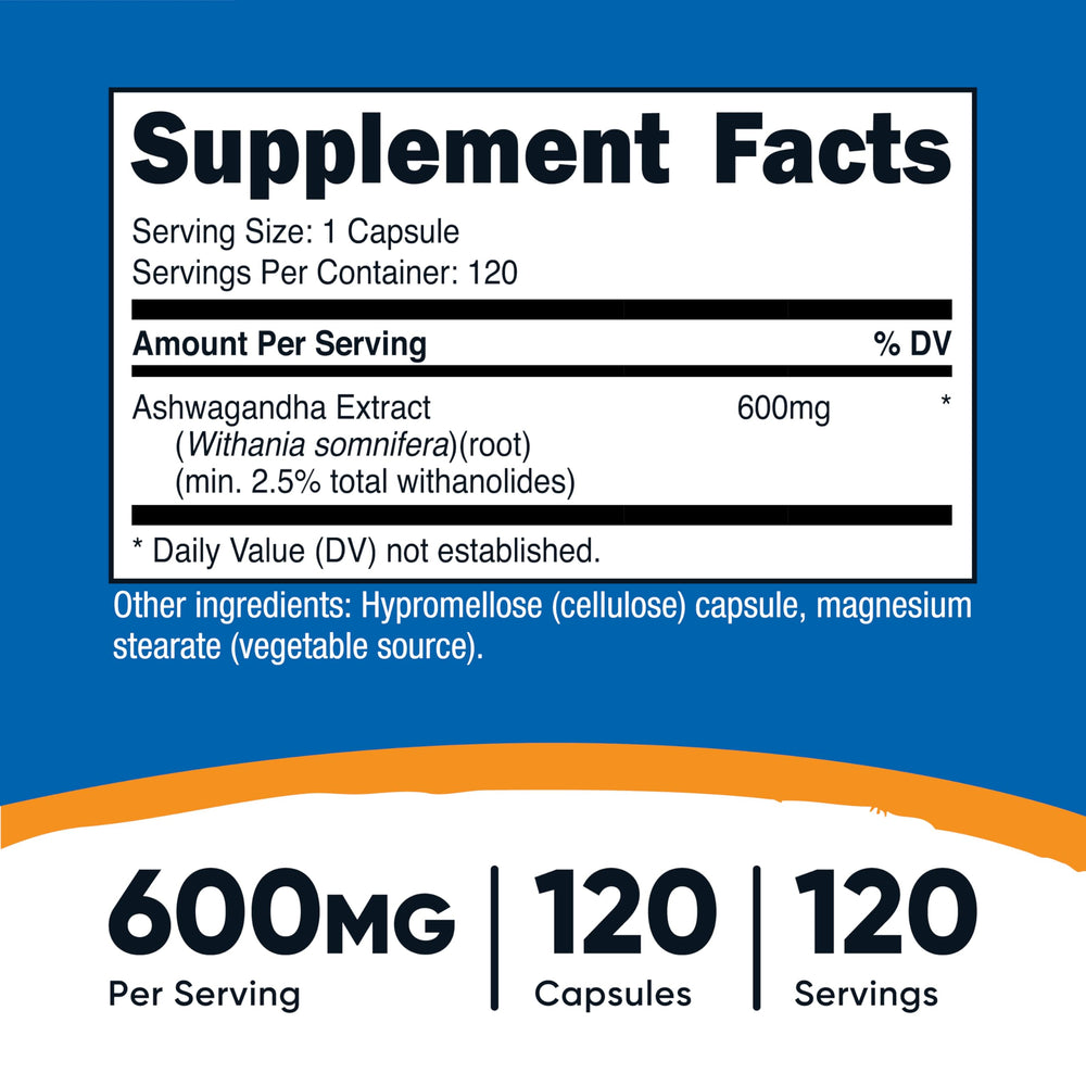 Nutricost Ashwagandha capsules close-up highlighting 600 mg potency.