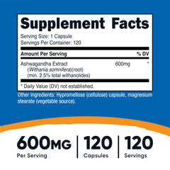 Nutricost Ashwagandha capsules close-up highlighting 600 mg potency.