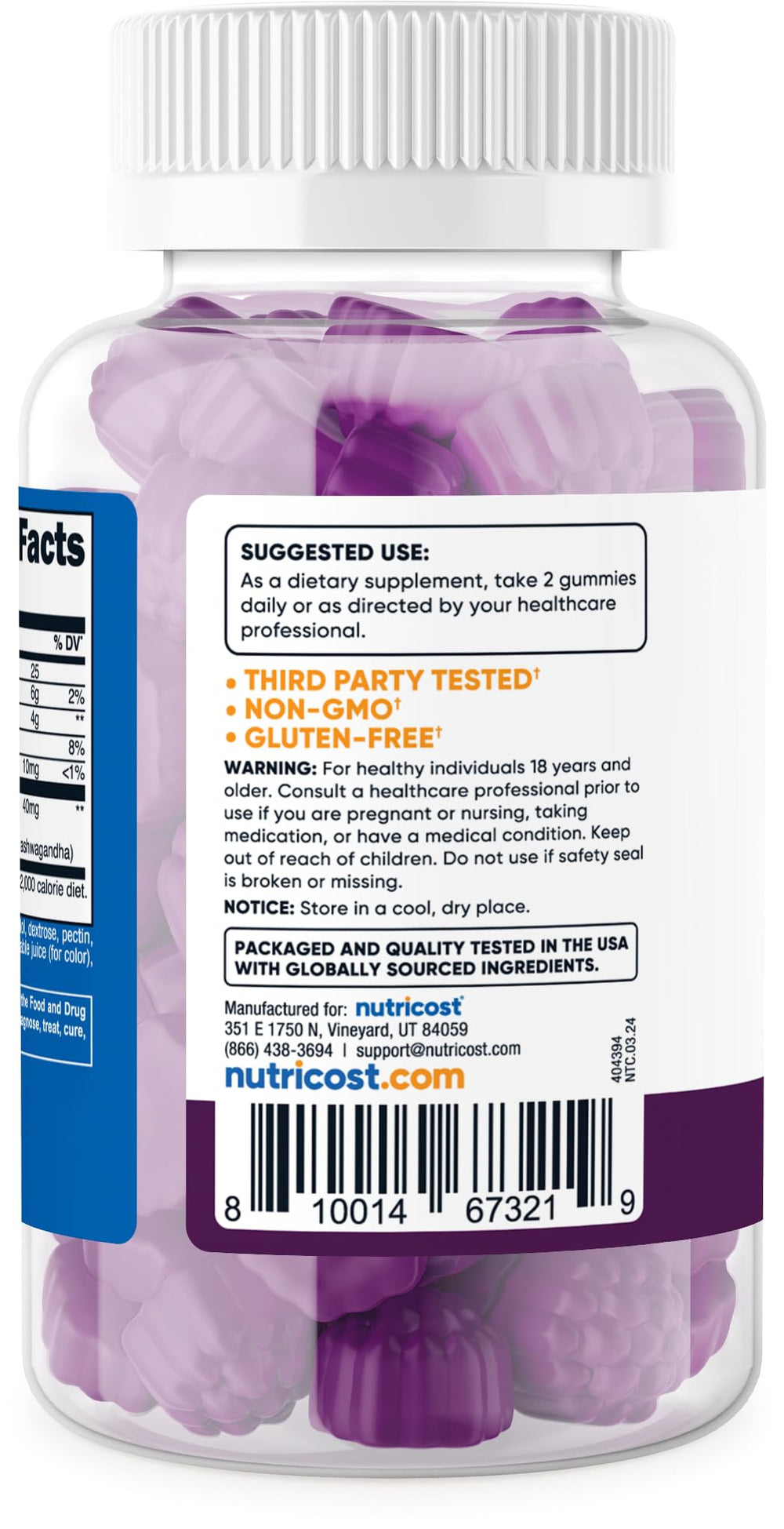 Nutricost Ashwagandha Gummies label close-up highlights non-GMO and gluten-free features.