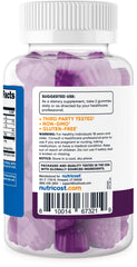Nutricost Ashwagandha Gummies label close-up highlights non-GMO and gluten-free features.