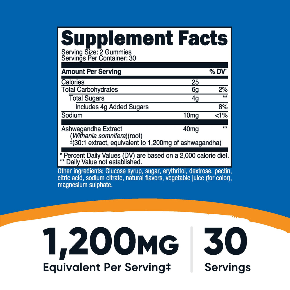 Nutricost Ashwagandha Gummies 60-count pack, label visible for easy storage.