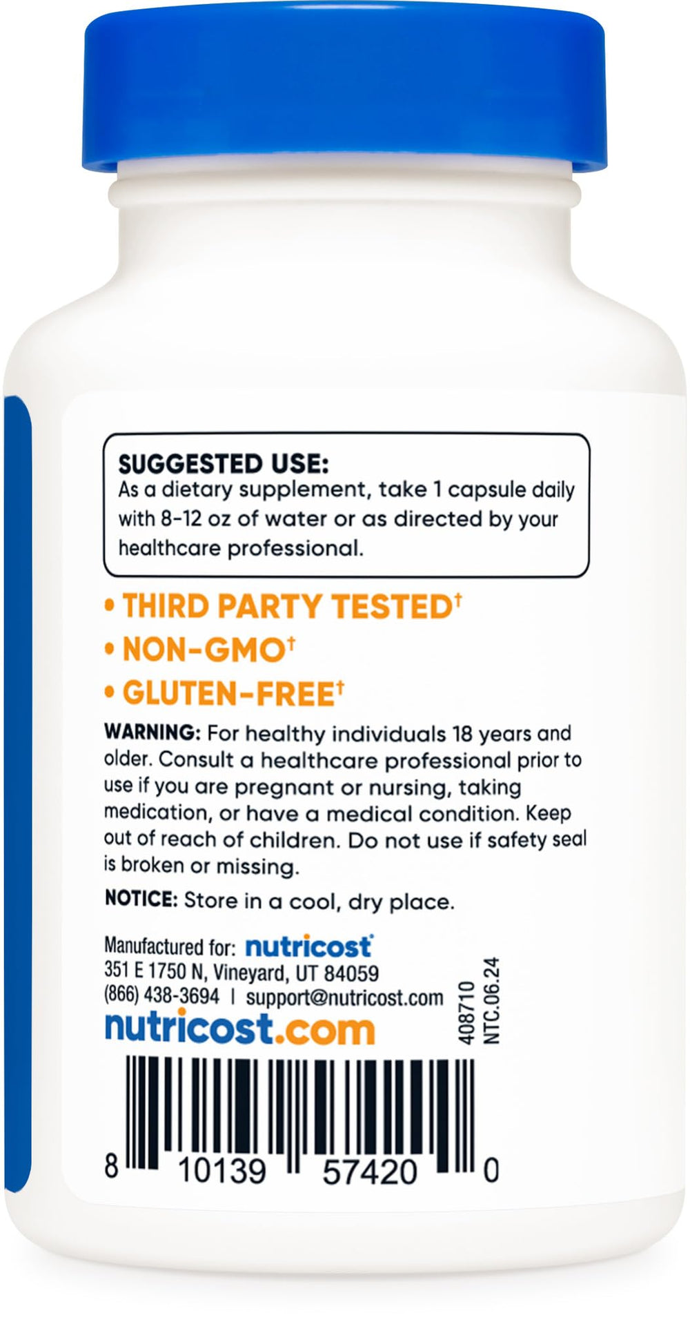 Nutricost Ashwagandha ingredients on label highlight purity and potency.
