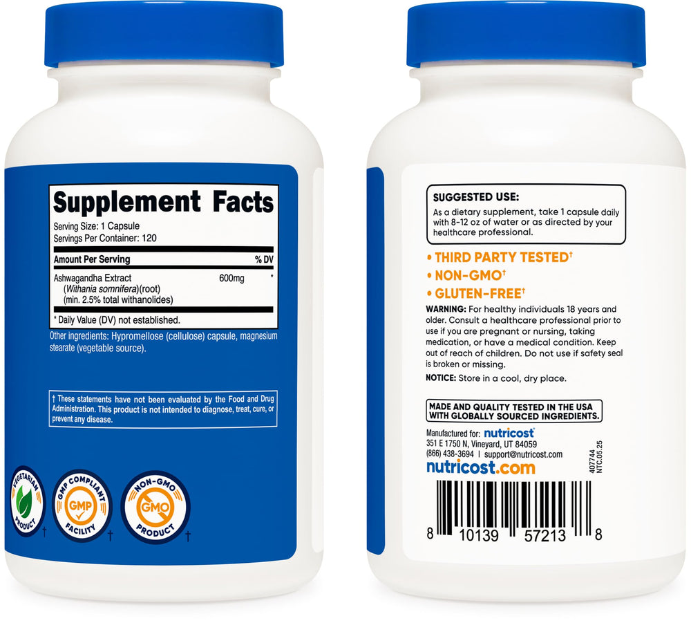Nutricost Ashwagandha packaging and capsules ready for daily use.