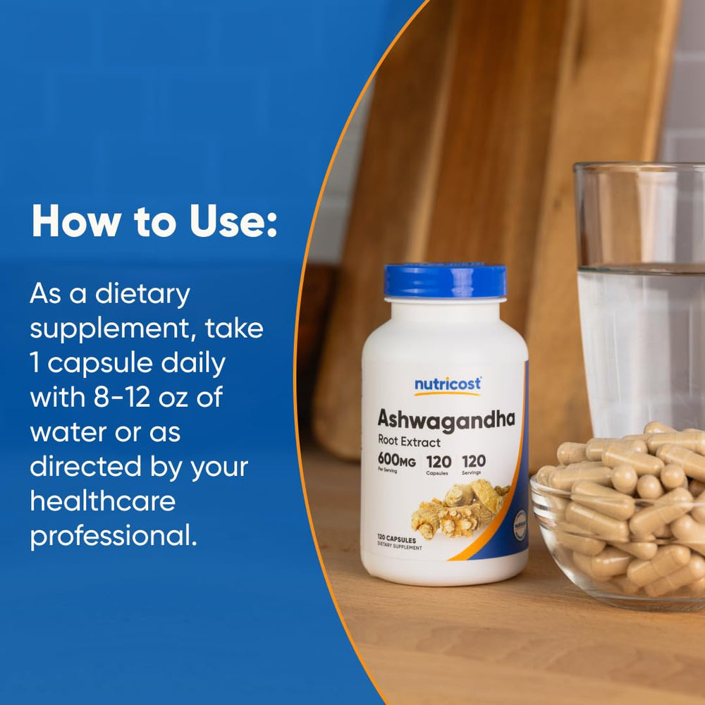 Nutricost Ashwagandha bottle on a clean store shelf scene.