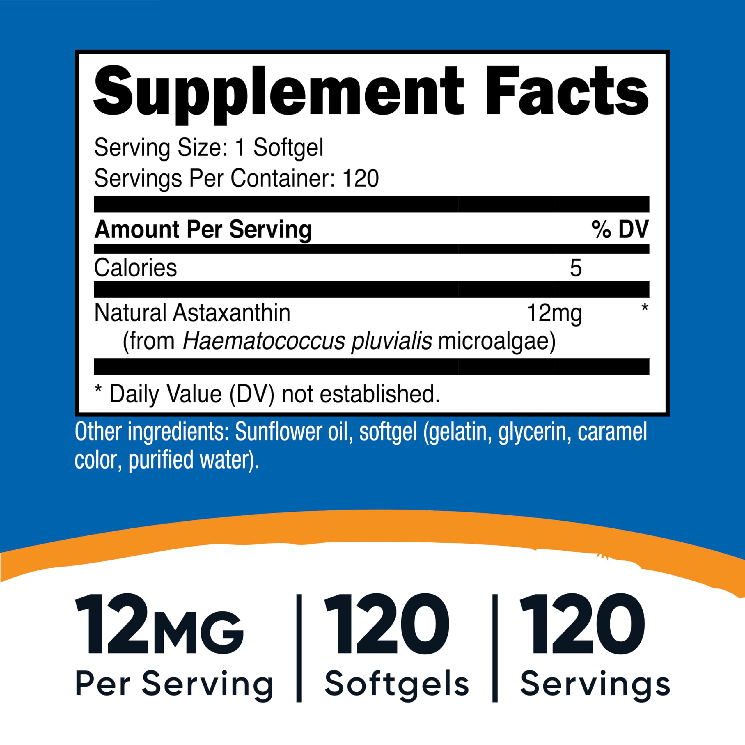 Nutricost Astaxanthin 12mg bottle front label highlighting non-GMO and gluten-free status