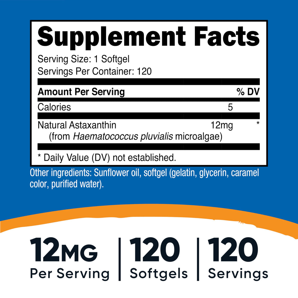 Nutricost Astaxanthin 12mg bottle front label highlighting non-GMO and gluten-free status
