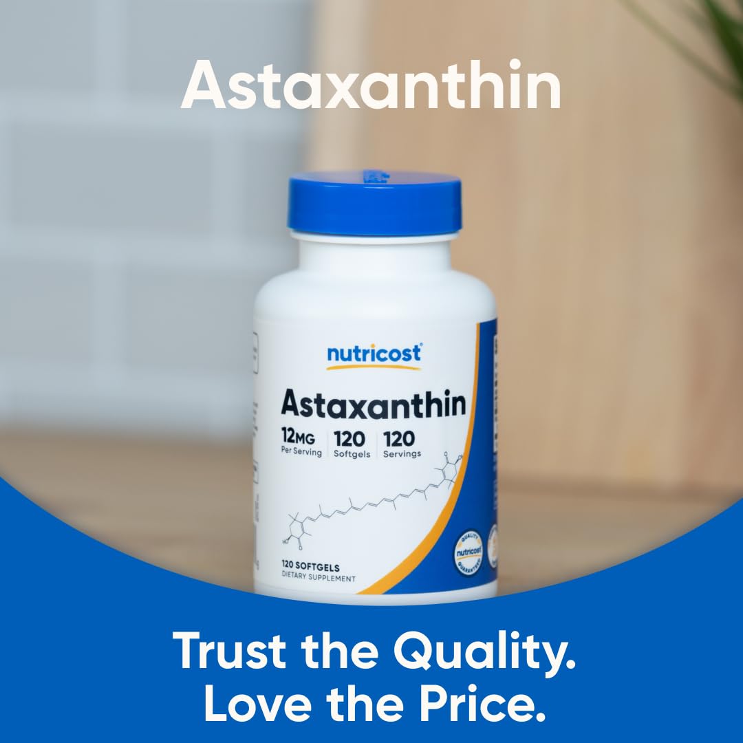 Stacked Nutricost Astaxanthin bottles indicating a 4 month supply