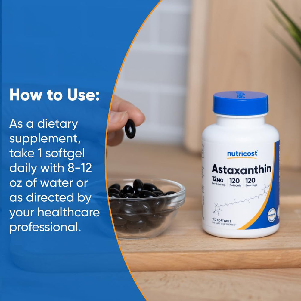 Nutricost Astaxanthin bottle showing 120 softgels and 120 servings