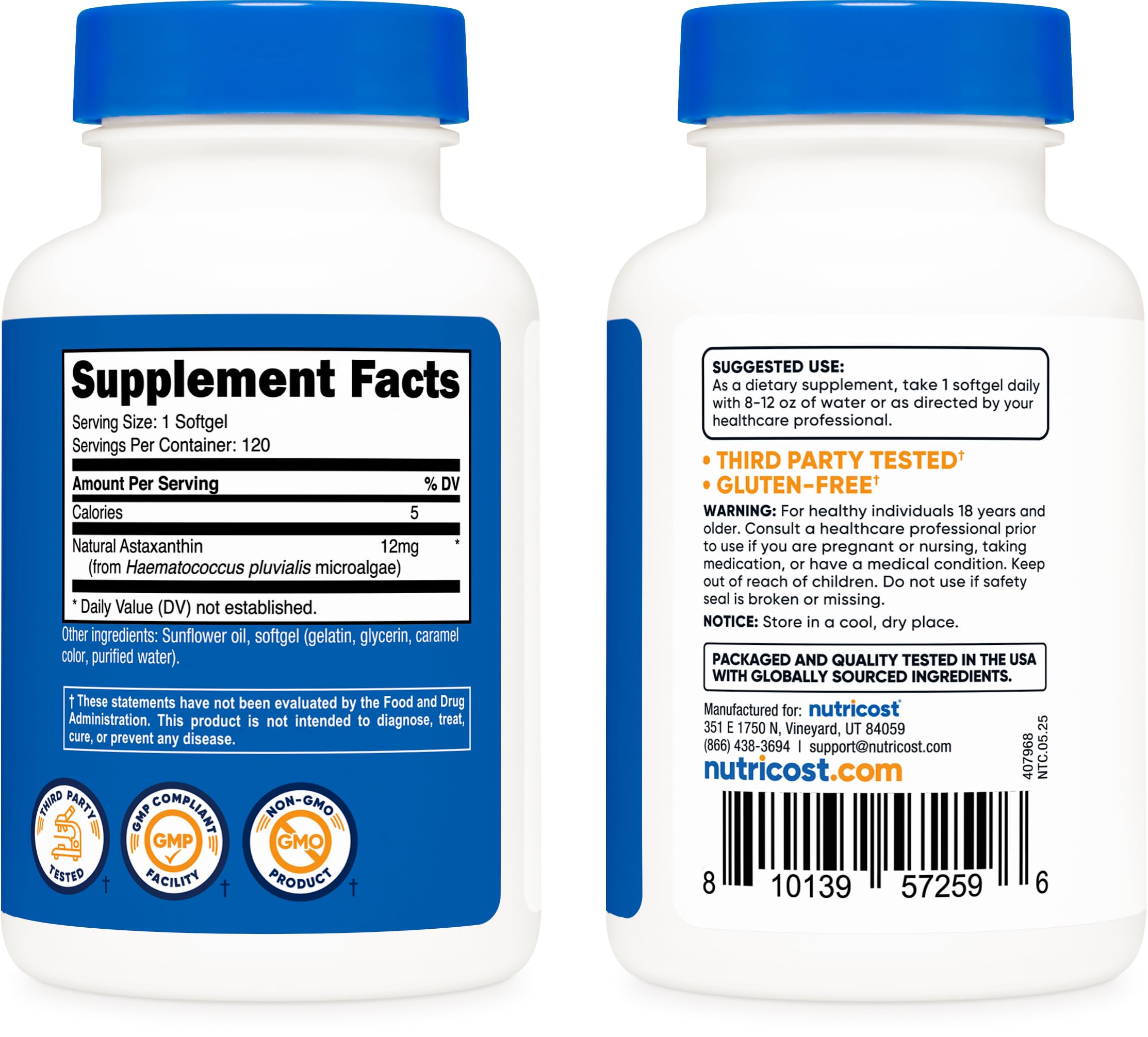 Bottle label closeup highlighting natural Haematococcus pluvialis source