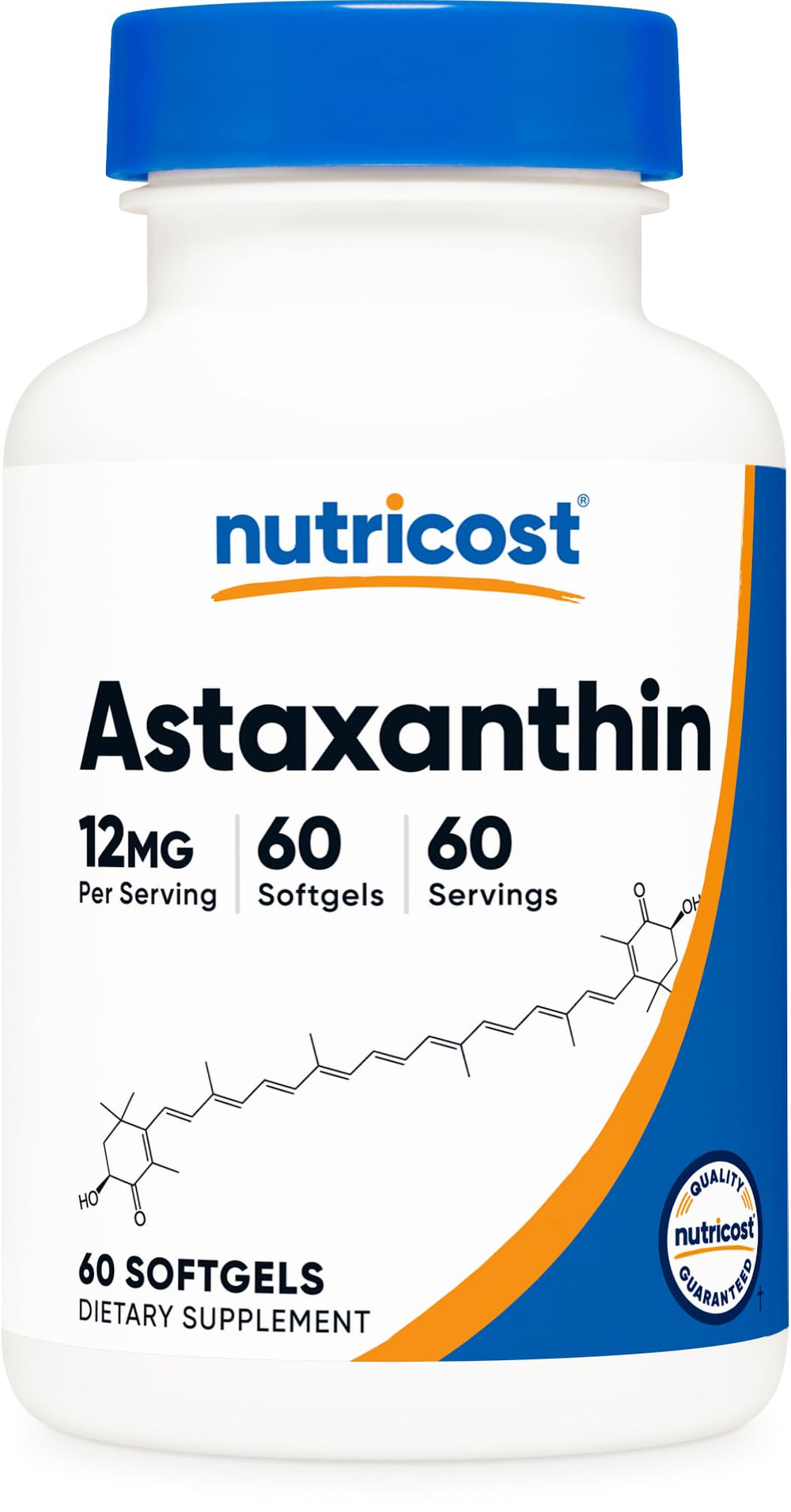 Nutricost Astaxanthin 12mg softgels bottle for daily antioxidant support.