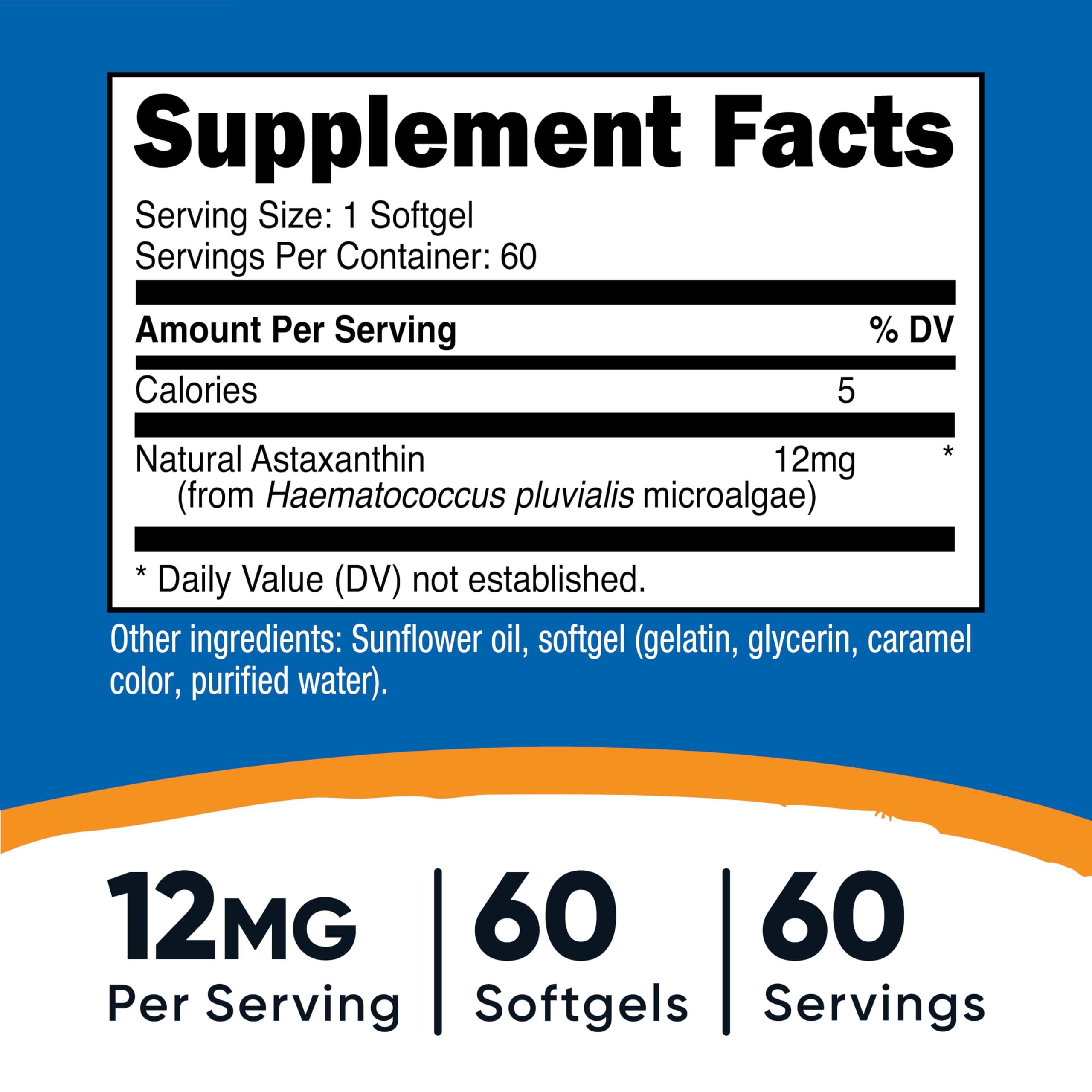 Nutricost Astaxanthin 12mg softgels label shows non-GMO and gluten-free formula.