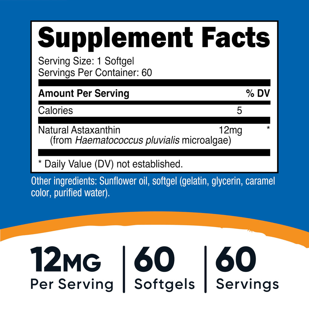 Nutricost Astaxanthin 12mg softgels label shows non-GMO and gluten-free formula.