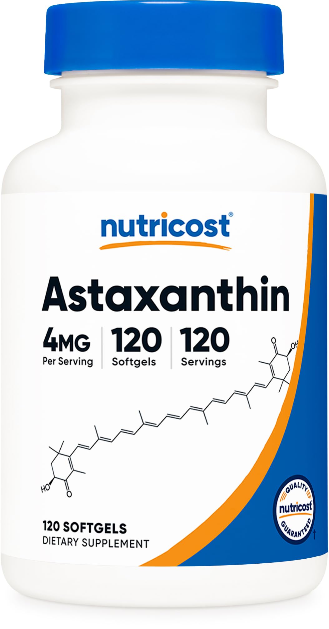 Nutricost Astaxanthin 4mg bottle showing easy-to-swallow capsules for daily wellness.