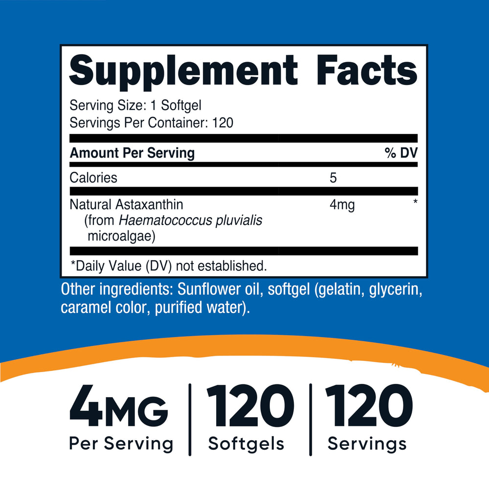 Nutricost Astaxanthin 4mg softgel closeup highlighting glossy amber capsules.
