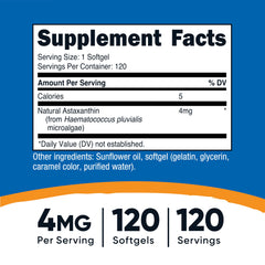 Nutricost Astaxanthin 4mg softgel closeup highlighting glossy amber capsules.