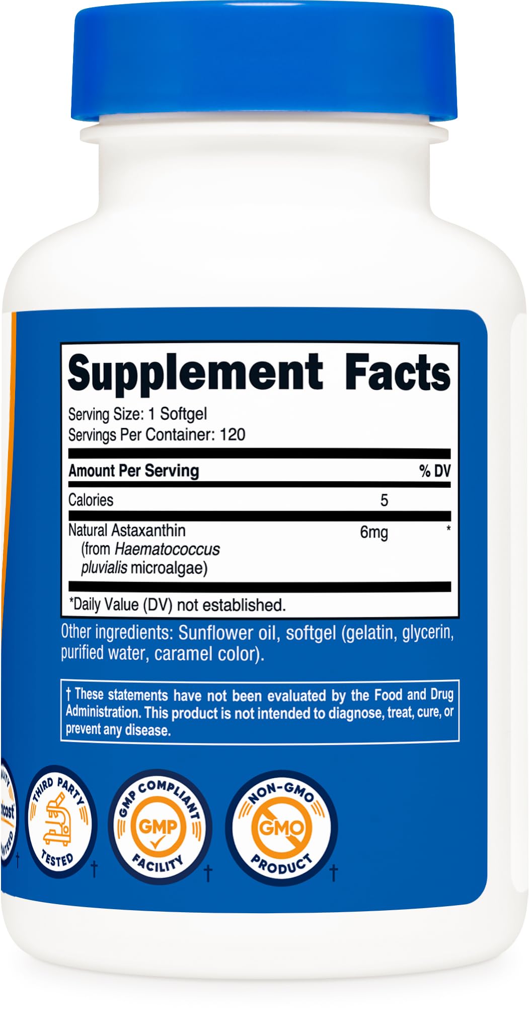 Nutricost Astaxanthin nutrition facts graphic, GMP manufacturing referenced.