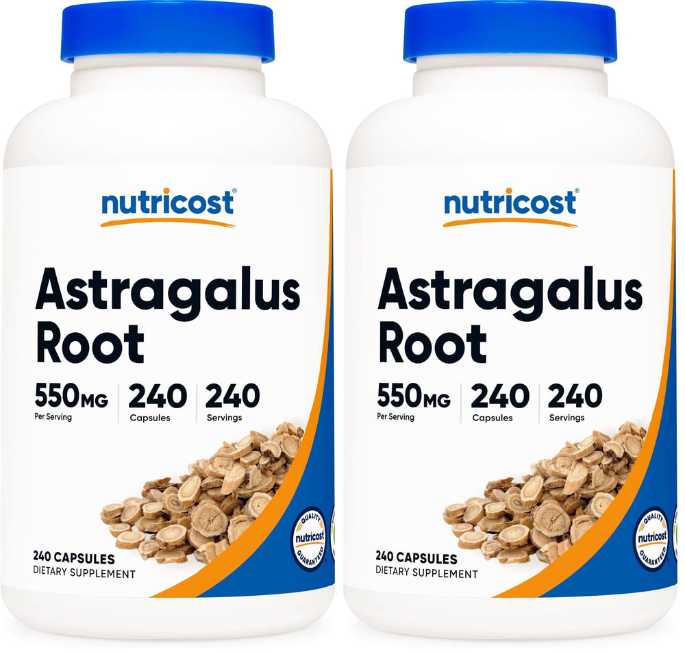 Nutricost astragalus capsules bottle showing 550mg dose for daily use