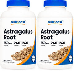 Nutricost astragalus capsules bottle showing 550mg dose for daily use