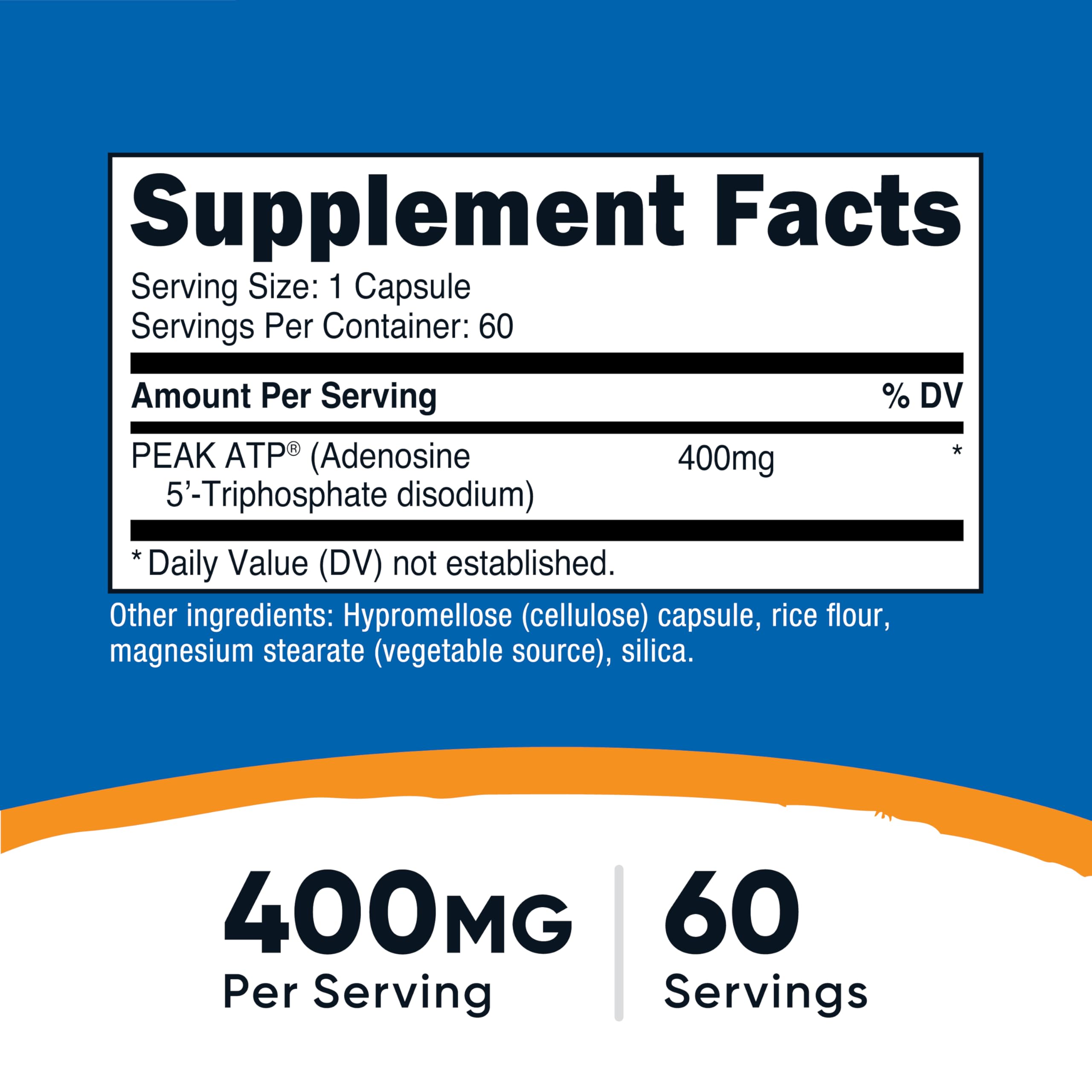 Nutricost ATP capsules close-up showing 400mg per serving.