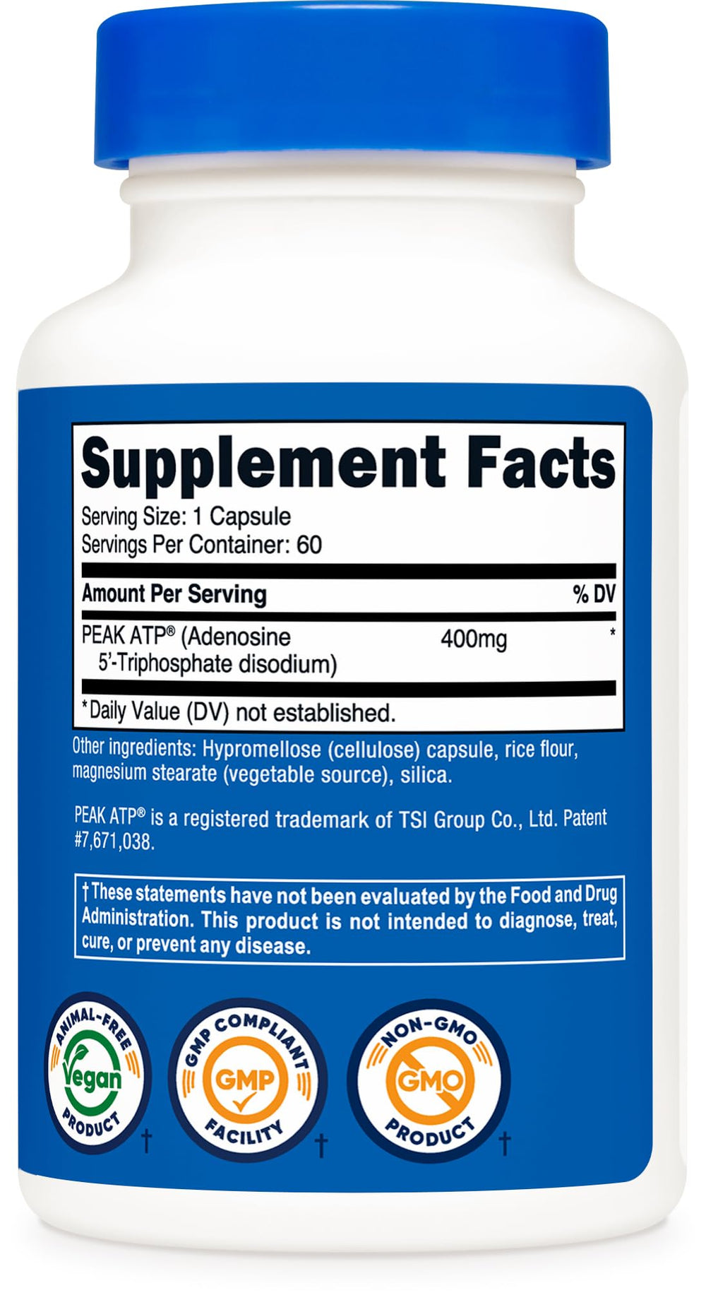 Nutricost ATP nutrition facts panel for transparent ingredient details.
