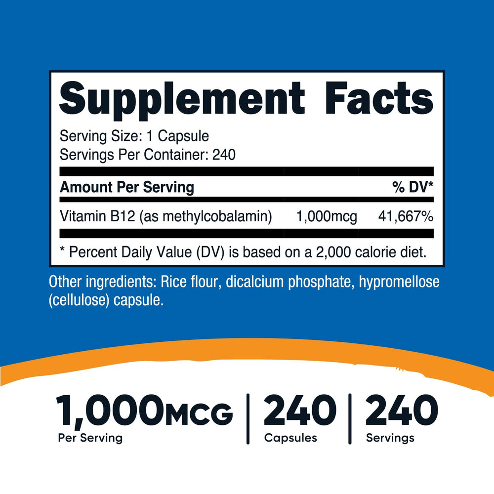 Nutricost B12 capsules in jar for vegetarian, non-GMO lifestyle.